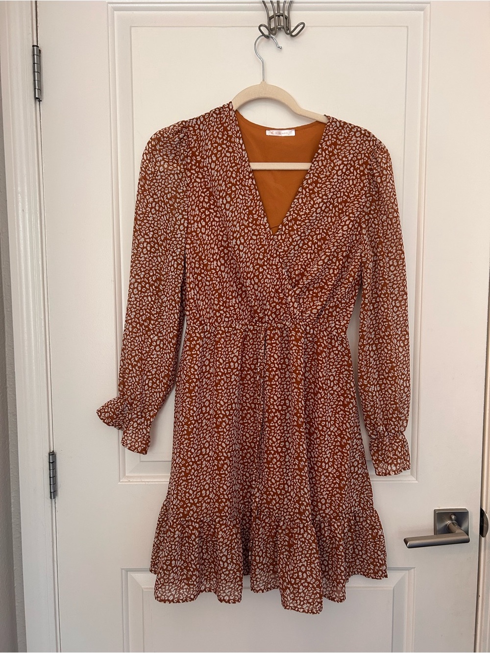 Rust Floral V-Neck Tiered Long-Sleeve Dress for Fall